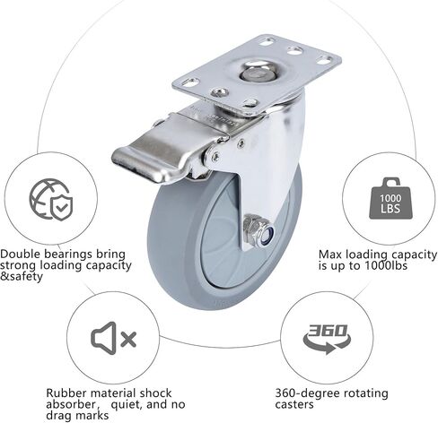 مجموعة عجلات 5 بوصات مكونة من 4 عجلات مطاطية شديدة التحمل مع قفل الفرامل، عجلات صناعية دوارة 360 درجة، عجلة مطاطية صامتة لطاولة العمل والعربة والأثاث (2 دوارة مع فرامل، 2 ثابتة) in Kuwait