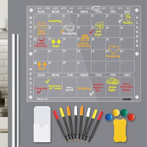Acrylic Calendar for Fridge, 2 in 1 Monthly Weekly Planner, Clear Magnetic Calendar for Fridge, Acrylic Magnetic Dry Erase Board for Fridge with 8 Markers, Pen Holder, Eraser, 4 Round Magnets in Saudi Arabia