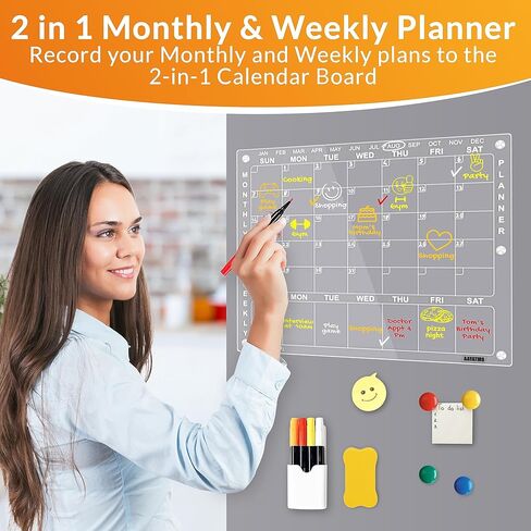 Acrylic Calendar for Fridge, 2 in 1 Monthly Weekly Planner, Clear Magnetic Calendar for Fridge, Acrylic Magnetic Dry Erase Board for Fridge with 8 Markers, Pen Holder, Eraser, 4 Round Magnets in Saudi Arabia