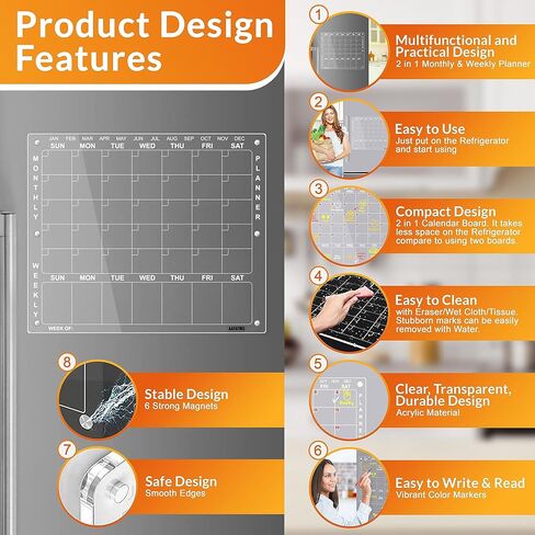 Acrylic Calendar for Fridge, 2 in 1 Monthly Weekly Planner, Clear Magnetic Calendar for Fridge, Acrylic Magnetic Dry Erase Board for Fridge with 8 Markers, Pen Holder, Eraser, 4 Round Magnets in Saudi Arabia