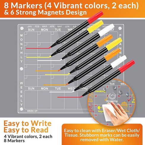 Acrylic Calendar for Fridge, 2 in 1 Monthly Weekly Planner, Clear Magnetic Calendar for Fridge, Acrylic Magnetic Dry Erase Board for Fridge with 8 Markers, Pen Holder, Eraser, 4 Round Magnets in Saudi Arabia