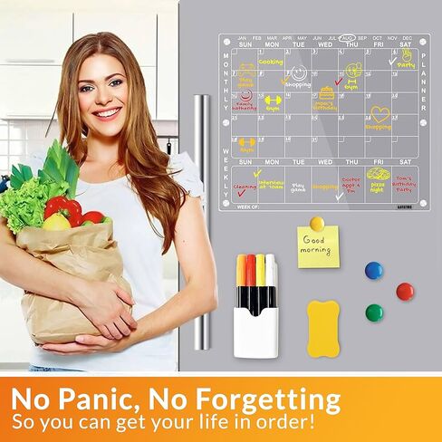 Acrylic Calendar for Fridge, 2 in 1 Monthly Weekly Planner, Clear Magnetic Calendar for Fridge, Acrylic Magnetic Dry Erase Board for Fridge with 8 Markers, Pen Holder, Eraser, 4 Round Magnets in Saudi Arabia
