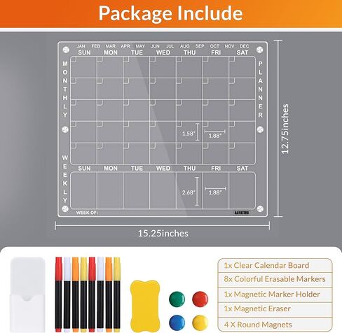 Acrylic Calendar for Fridge, 2 in 1 Monthly Weekly Planner, Clear Magnetic Calendar for Fridge, Acrylic Magnetic Dry Erase Board for Fridge with 8 Markers, Pen Holder, Eraser, 4 Round Magnets in Saudi Arabia