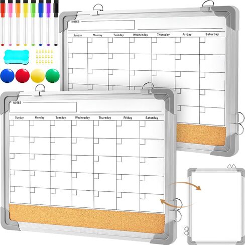 Fulmoon 2 Set Dry Erase Whiteboard Calendar Board for Wall, 16" x 12" Magnetic Double-sided Monthly Calendar White Board with Cork Board Portable Board for Planning, Memo, Home School, Office, Kitchen in Saudi Arabia