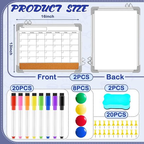 Fulmoon 2 Set Dry Erase Whiteboard Calendar Board for Wall, 16" x 12" Magnetic Double-sided Monthly Calendar White Board with Cork Board Portable Board for Planning, Memo, Home School, Office, Kitchen in Saudi Arabia