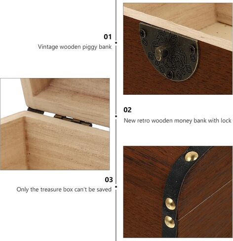 NUOBESTY Retro Wooden Treasure Chest Storage Box Vintage Piggy Bank Money Storage Box Bank with Lock Safe Money Box Savings Case Jewelry Organizer for Children Adults S in Saudi Arabia