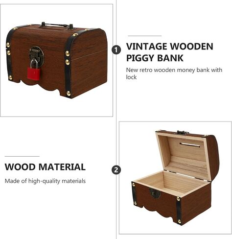NUOBESTY Retro Wooden Treasure Chest Storage Box Vintage Piggy Bank Money Storage Box Bank with Lock Safe Money Box Savings Case Jewelry Organizer for Children Adults S in Saudi Arabia