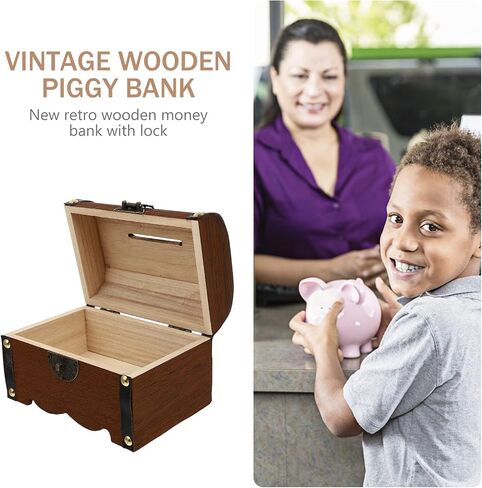 NUOBESTY Retro Wooden Treasure Chest Storage Box Vintage Piggy Bank Money Storage Box Bank with Lock Safe Money Box Savings Case Jewelry Organizer for Children Adults S in Saudi Arabia