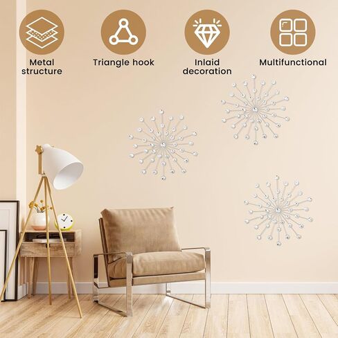 DNAMYJME 3Pack Rhinestone Starburst Wall Decor Dia 17in Bling Diamond Decorative Sunburst Metal Iron Art Wall Hanging Sculptures for Living Room Bedroom Dining Room(Golden) in Saudi Arabia