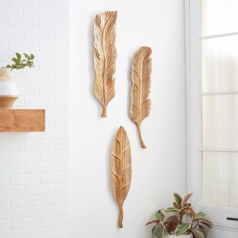 Deco 79 Teak Wood Bird Handmade Home Wall Decor Carved Feather Wall Sculpture, Set of 3 Wall Art 7"W, 27"H, Brown in Saudi Arabia