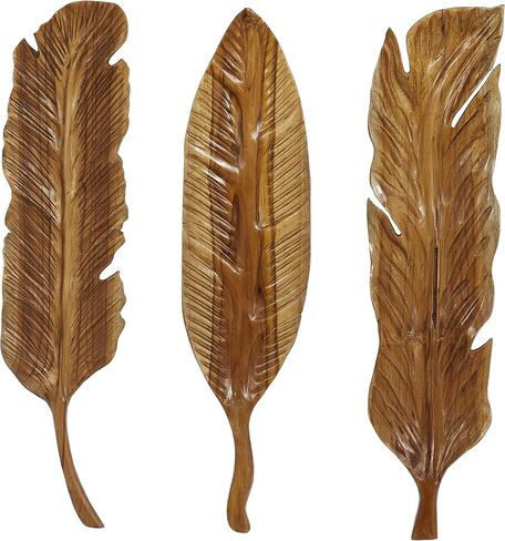 Deco 79 Teak Wood Bird Handmade Home Wall Decor Carved Feather Wall Sculpture, Set of 3 Wall Art 7"W, 27"H, Brown in Saudi Arabia