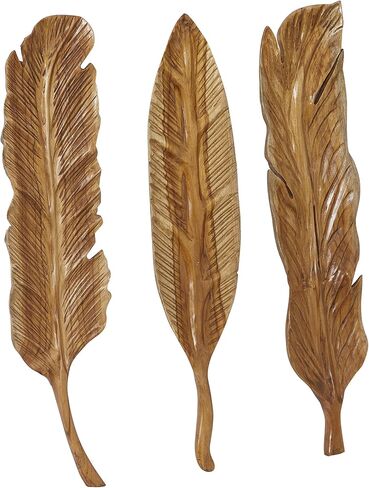 Deco 79 Teak Wood Bird Handmade Home Wall Decor Carved Feather Wall Sculpture, Set of 3 Wall Art 7"W, 27"H, Brown in Saudi Arabia