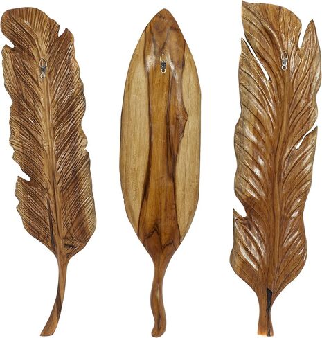 Deco 79 Teak Wood Bird Handmade Home Wall Decor Carved Feather Wall Sculpture, Set of 3 Wall Art 7"W, 27"H, Brown in Saudi Arabia