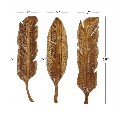 Deco 79 Teak Wood Bird Handmade Home Wall Decor Carved Feather Wall Sculpture, Set of 3 Wall Art 7"W, 27"H, Brown in Saudi Arabia