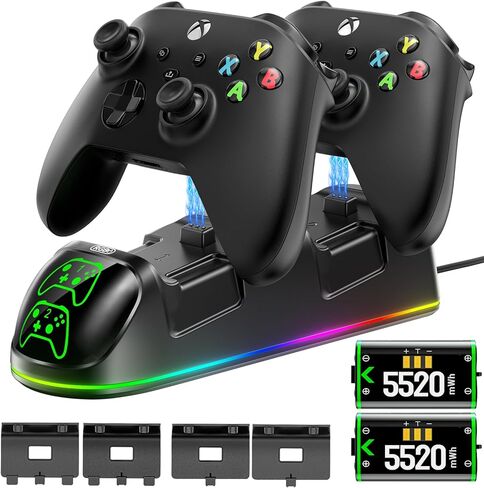 محطة شحن وحدة تحكم XBX مع حزم بطاريات قابلة لإعادة الشحن بقدرة 2 × 5520 ميجاوات في الساعة لأجهزة Xbox، وشاحن وحدة تحكم Xbox بـ 9 مصابيح RGB مع 4 أغطية للبطارية، وقاعدة شحن Xbox لسلسلة Xbox/One X/S Elite Controller in Kuwait