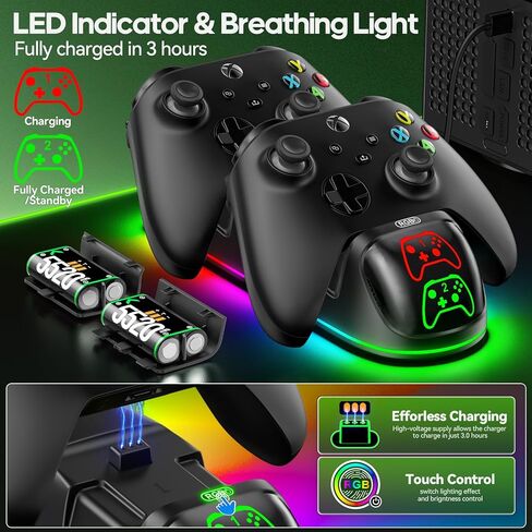 محطة شحن وحدة تحكم XBX مع حزم بطاريات قابلة لإعادة الشحن بقدرة 2 × 5520 ميجاوات في الساعة لأجهزة Xbox، وشاحن وحدة تحكم Xbox بـ 9 مصابيح RGB مع 4 أغطية للبطارية، وقاعدة شحن Xbox لسلسلة Xbox/One X/S Elite Controller in Kuwait