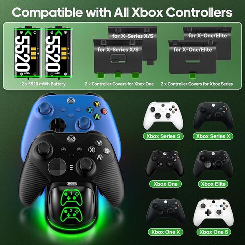 محطة شحن وحدة تحكم XBX مع حزم بطاريات قابلة لإعادة الشحن بقدرة 2 × 5520 ميجاوات في الساعة لأجهزة Xbox، وشاحن وحدة تحكم Xbox بـ 9 مصابيح RGB مع 4 أغطية للبطارية، وقاعدة شحن Xbox لسلسلة Xbox/One X/S Elite Controller in Kuwait