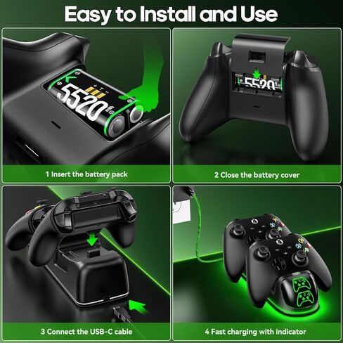 محطة شحن وحدة تحكم XBX مع حزم بطاريات قابلة لإعادة الشحن بقدرة 2 × 5520 ميجاوات في الساعة لأجهزة Xbox، وشاحن وحدة تحكم Xbox بـ 9 مصابيح RGB مع 4 أغطية للبطارية، وقاعدة شحن Xbox لسلسلة Xbox/One X/S Elite Controller in Kuwait