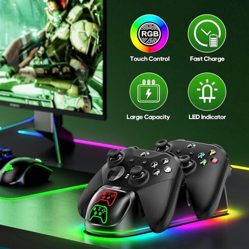 محطة شحن وحدة تحكم XBX مع حزم بطاريات قابلة لإعادة الشحن بقدرة 2 × 5520 ميجاوات في الساعة لأجهزة Xbox، وشاحن وحدة تحكم Xbox بـ 9 مصابيح RGB مع 4 أغطية للبطارية، وقاعدة شحن Xbox لسلسلة Xbox/One X/S Elite Controller in Kuwait