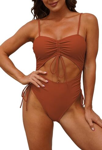 LaSuiveur Women's Cut Out One Piece Bathing Suit High Leg Cut Cheeky Drawstring Ruched Swimsuit in Saudi Arabia
