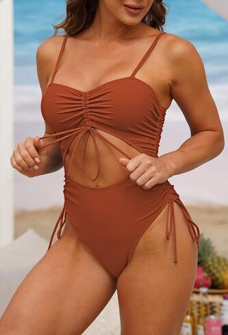 LaSuiveur Women's Cut Out One Piece Bathing Suit High Leg Cut Cheeky Drawstring Ruched Swimsuit in Saudi Arabia