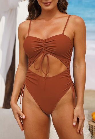 LaSuiveur Women's Cut Out One Piece Bathing Suit High Leg Cut Cheeky Drawstring Ruched Swimsuit in Saudi Arabia