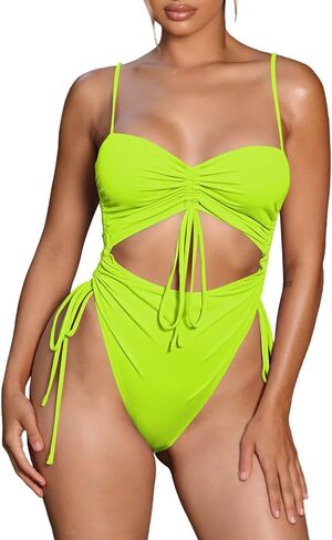 LaSuiveur Women's Cut Out One Piece Bathing Suit High Leg Cut Cheeky Drawstring Ruched Swimsuit in Saudi Arabia