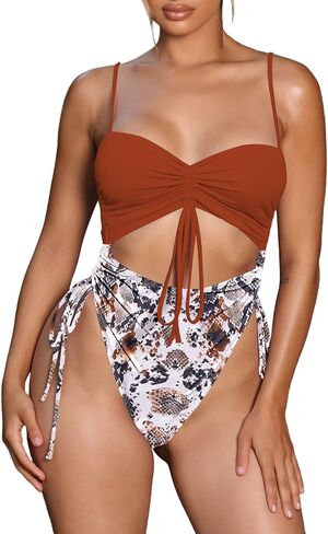 LaSuiveur Women's Cut Out One Piece Bathing Suit High Leg Cut Cheeky Drawstring Ruched Swimsuit in Saudi Arabia