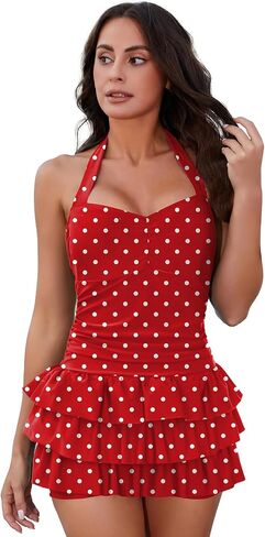 One Piece Swimsuit Ruched Tummy Control Swimdress Retro Swimwear Bathing Suit Skirted Swimsuits for Women in Saudi Arabia