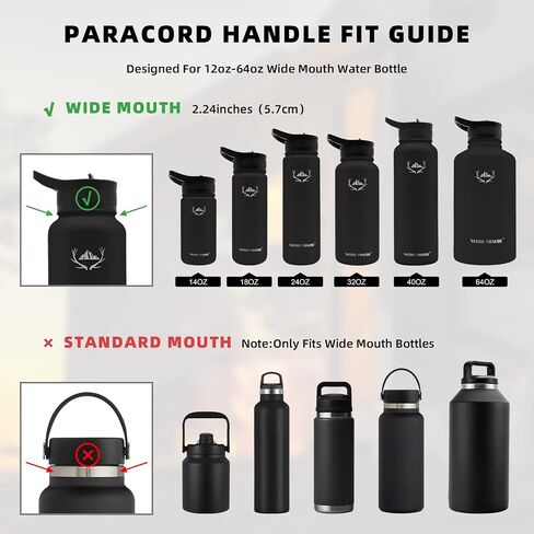 NATURE PIONEOR Paracord Handle for Wide Mouth - Safety Ring, and Carabiner - Fits 14oz to 64oz Stainless Steel Water Bottles(Red Black)… in Saudi Arabia