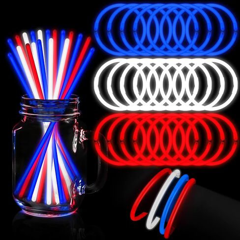 Honoson 150 Pcs Red White Blue 4th of July Glow Stick Bulk, 8 Inch Glow Sticks Bracelets and Necklaces with Connectors Glow in the Dark Sticks Light up Party Favor Patriotic Party Decoration in Saudi Arabia