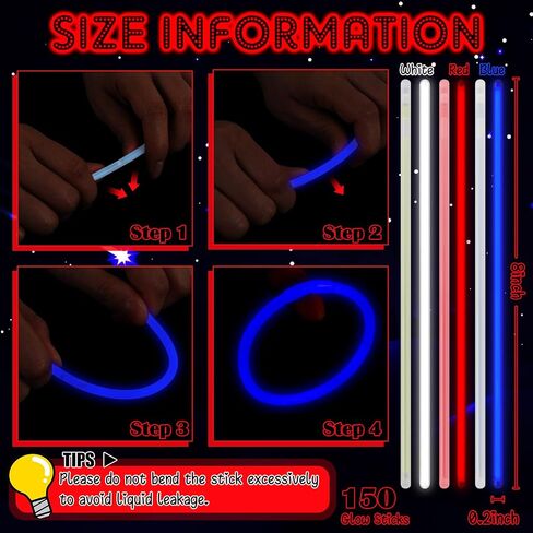 Honoson 150 Pcs Red White Blue 4th of July Glow Stick Bulk, 8 Inch Glow Sticks Bracelets and Necklaces with Connectors Glow in the Dark Sticks Light up Party Favor Patriotic Party Decoration in Saudi Arabia