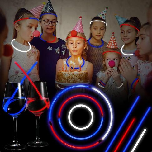 Honoson 150 Pcs Red White Blue 4th of July Glow Stick Bulk, 8 Inch Glow Sticks Bracelets and Necklaces with Connectors Glow in the Dark Sticks Light up Party Favor Patriotic Party Decoration in Saudi Arabia