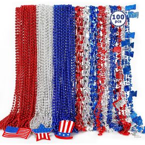 4th of July Necklace Accessories, 24PCS Independence Day Beads Necklaces Bulk, 15 Kinds Fourth of July Red Blue White Stars USA Flags Necklace, Patriotic 4th of July Bulk for Parade Party Favors Decor