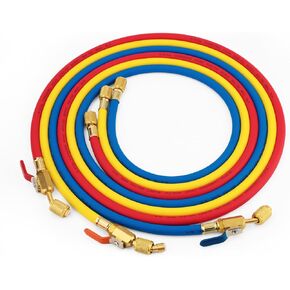 29986 Plus II 1/4" Hose with Compact Ball Valve End Refrigerant Charging Hose, 72in Length - 3Pack (Blue Yellow Red)