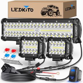 12 Inch LED Light Bar and 2PCS 4 Inch LED Pods with Rocker Switch 16AWG 3 Lead Wiring Harness Kit Off Road Light Bar Spot Flood Combo Triple Row Light Bar for Je-ep UTV Truck Tractor