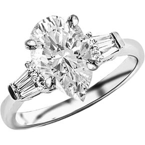 14K White Gold 2.5 Carat LAB GROWN DIAMOND Prong Set Round And Baguette Pear Cut Diamond Engagement Ring (G-H Color VS1-VS2 Clarity 2 Ct Center)