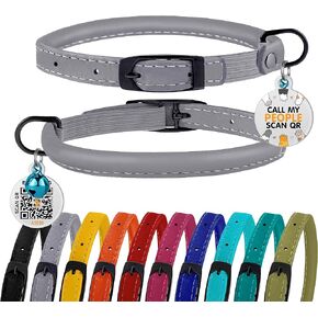 BRONZEDOG Cat Collar with Bell Kitten Rolled Leather Collars Safety QR ID Name Tag (8" - 10", Smoke Grey)