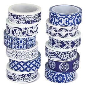 12 Rolls Chinoiserie Design Washi Tape Blue White Patterned Washi Tape Vintage Oriental Style Decorative Gift Wrapping Paper Tape for Scrapbooking Journals Craft Supplies