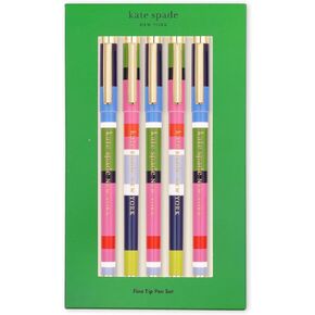 kate spade new york Fine Point Pen Set of 5, Plastic Colorful Pens, Fine Tip Colored Ink Pens for Precise Writing and Journaling, Sunny Day Stripe