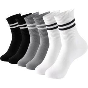 Striped Ankle Socks for Women 6 Pairs, Athletic Crew Socks for Running and Hiking, White Black and Grey
