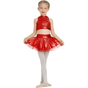 ODASDO Girls Metallic Dance Costumes Kids Shiny Sequin Tank Crop Top High Waist Ruffle Tutu Skirt Carnival Circus Outfits