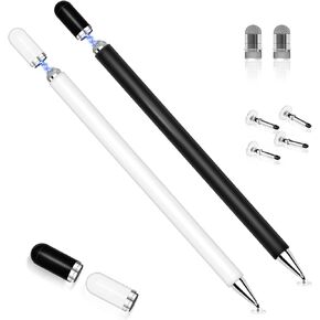Stylus pens for ipad Touch Screens - Capacitive Stylus for ipad 2 in 1 Disc/Fiber Tablet pen Stylus Pencil with Magnetic Cap for Apple/iPhone/Ipad pro/Mini/Air/Android/Microsoft/Surface White/BL 2pack