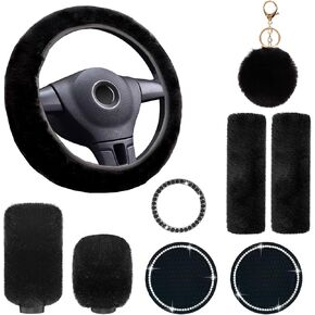 9 Pieces Fluffy Steering Wheel Covers Set, YSLSLOO Furry Steering Wheel Cover for Women Fashion Steering Wheel Cover Soft Steering Wheel Protector Car Decoration Accessories Universal Fit (Black)