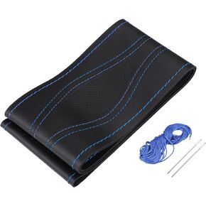 uxcell Hand Sewn Steering Wheel Cover Blue Stitch with Needle and Thread Universal Fit 15.4-16 Inch 39-40.5cm Dia for Car Truck Black