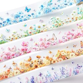 5 Rolls PET Laser Floral Tape Set PET Flower Washi Tape Stickers Clear Decorative Masking PET Tape DIY Transparent PET Tape for Crafts Journaling Scrapbook Supplies, 2m/Roll