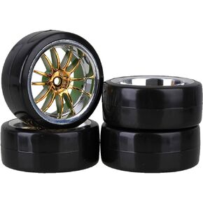Mxfans 4PCS RC1/10 On Road Car Drift Smooth Wheel Tires & Plastic Plating Golden 12-Spoke Wheel Rims