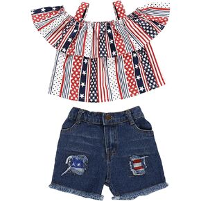 4th of July Toddler Girl Outfit Summer Halter Ruffle Off Shoulder Shirt + Shorts Ripped Jeans 1 to 6 Years old