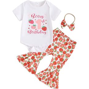 First Birthday Outfit Baby Girl Letter Strawberry Romper Bell Bottoms Pants 1st Birthday Girl Outfit