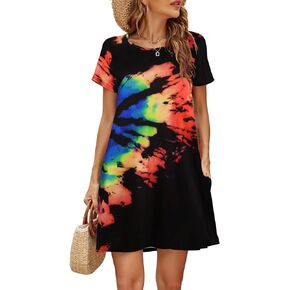 Halife Womens Summer Casual Tshirt Dress Loose Lace Hem Short Sleeve Beach Sundresses with Pockets